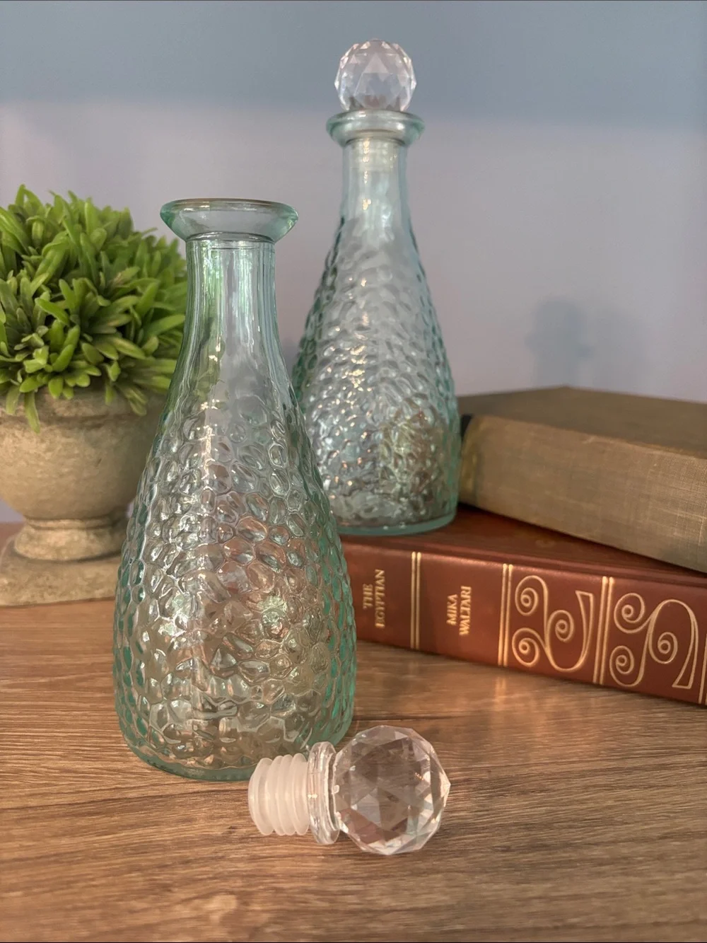 Glass Textured Decanter Bottle with Faceted Stopper - Aqua